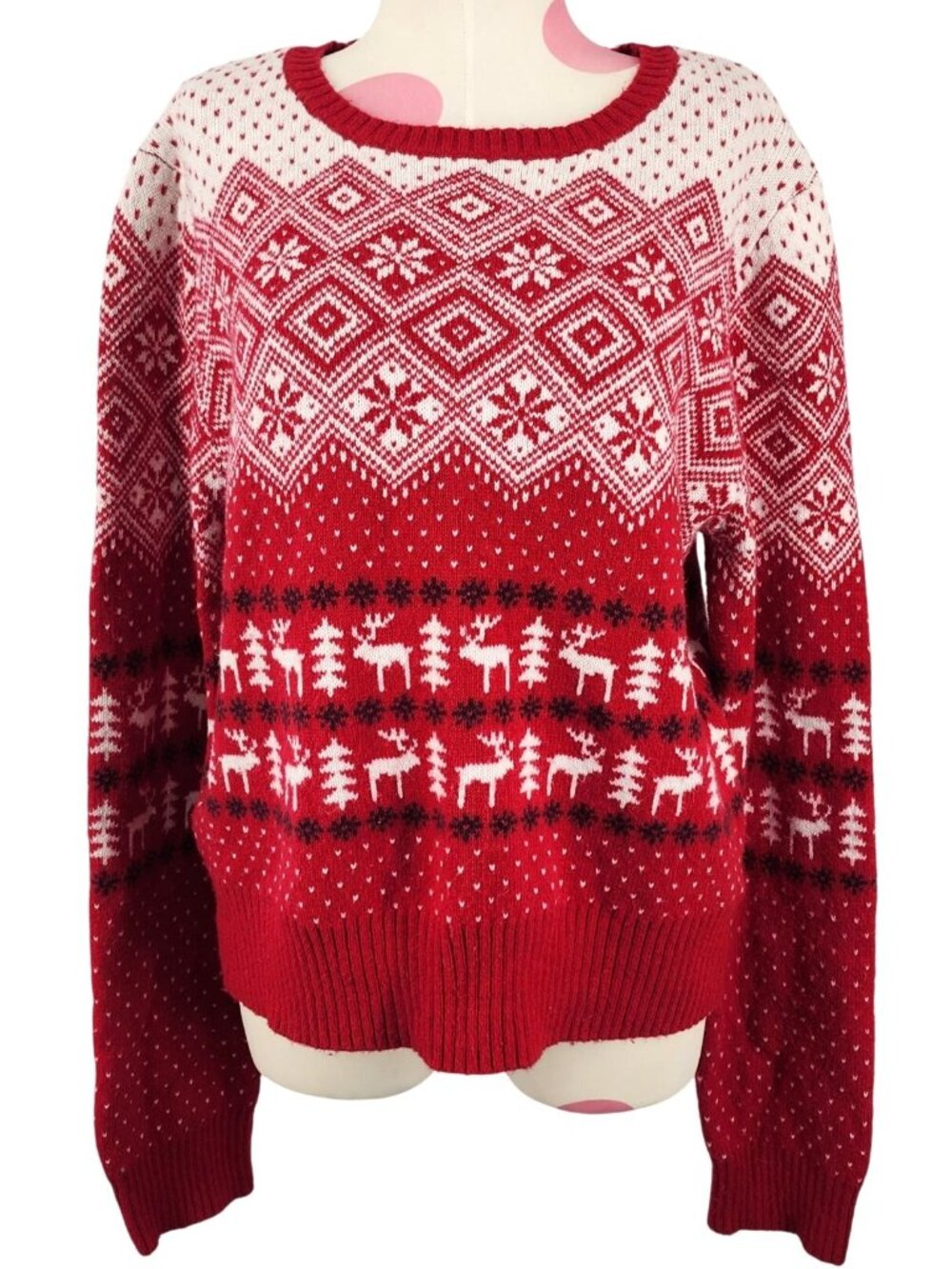 Women's Prince & Fox Winter Christmas Sweater Red White XL Reindeer Tree Snow